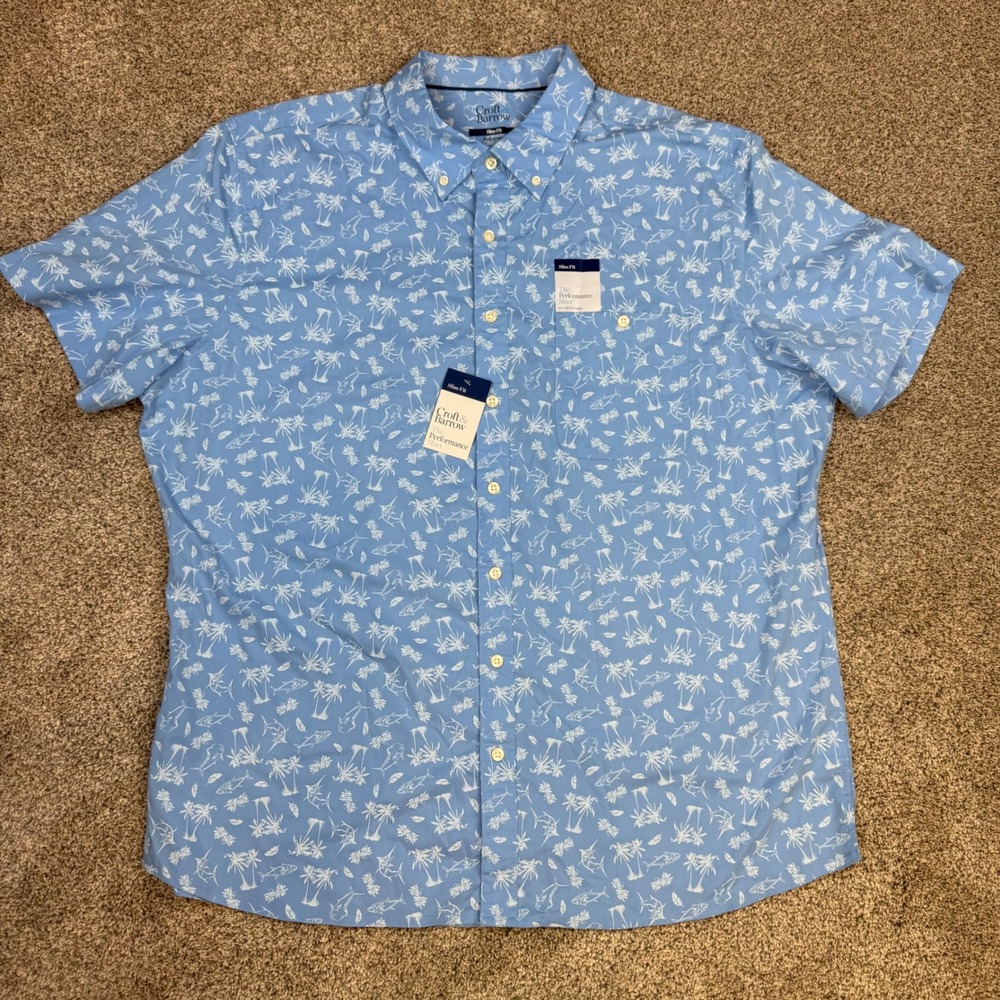 Croft & Barrow Mens XXL Blue Tropical Fish Palm Tree Performance Slim Fit Shirt
